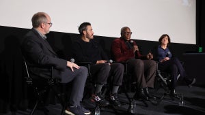 TheWrap's Executive Editor of Awards Steve Pond with "A Place to Fall Down" director Duane Hansen Fernandez, "Her Fight, His Name: The Story of Gwen Carr and Eric Garner" director Bruce Bailey and "Once Upon a Time in Ukraine" director Betsy West at the shorts showcase on Dec. 6. (TheWrap)