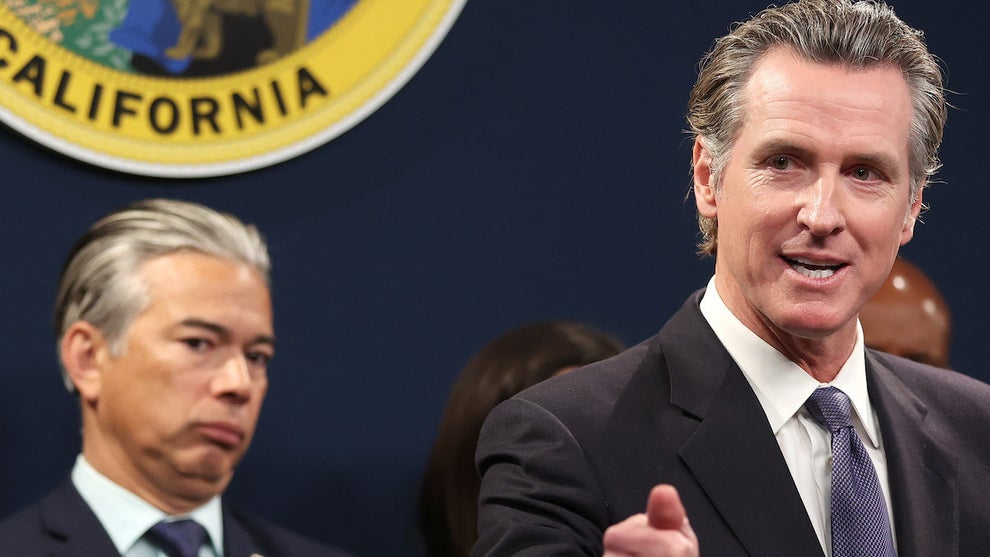 California Attorney General Rob Bonta and Gov. Gavin Newsom (Credit: Justin Sullivan/Getty Images)