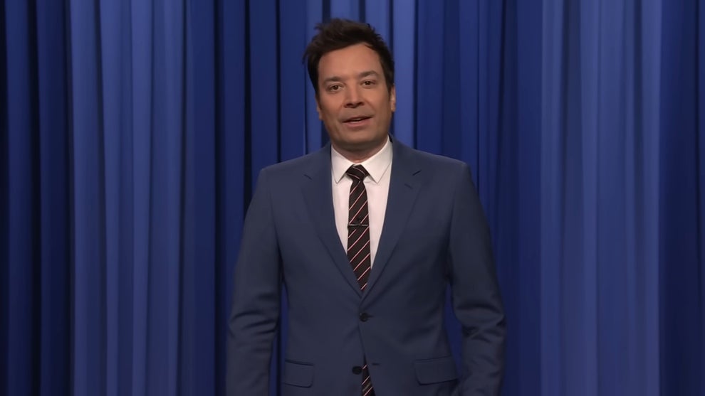 Jimmy Fallon wearing a blue suit on "The Tonight Show."