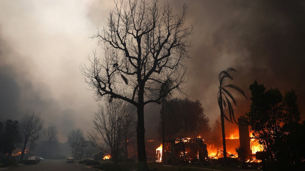 Homes burn during the Eaton Fire on Jan. 8 (Credit: Mario Tama/Getty Images)