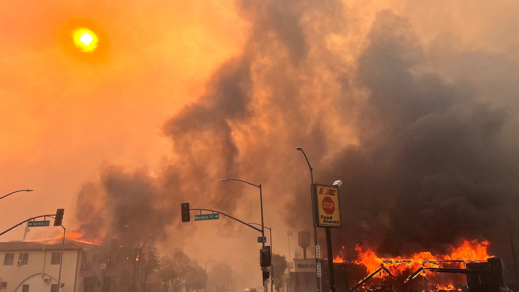 The Eaton Fire in Altadena, California on Jan. 8 (Credit: Robyn Beck/Getty Images)