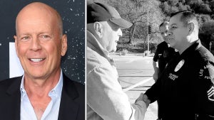Bruce Willis, and screenshot of Bruce Willis speaking to Wildfire first responders (Getty Images, Instagram: @emmahemingwillis)