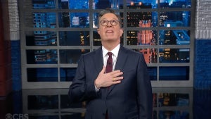 Stephen Colbert thanks the heavens during a "Late Show" monologue (CBS)