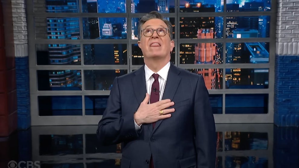 Stephen Colbert thanks the heavens during a "Late Show" monologue (CBS)