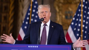 Donald Trump speaks to members of the media during a press conference at the Mar-a-Lago Club (Photo by Scott Olson/Getty Images)