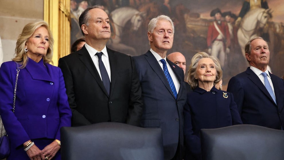 First Lady Jill Biden (L), First Gentleman Doug Emhoff, former President Bill Clinton, former Secretary of State Hillary Clinton, and former President George W. Bush attend the inauguration of US President-elect Donald Trump on January 20, 2025 in Washington, DC. (Photo by Chip Somodevilla / POOL / AFP) (Photo by CHIP SOMODEVILLA/POOL/AFP via Getty Images)