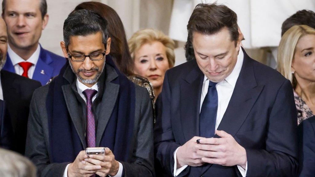 Elon Musk and Google CEO Sundar Picker check their phones at Trump inauguration 2025