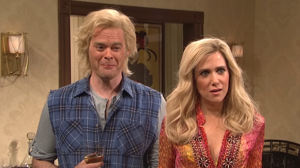 Bill Hader laughing next to Kristen Wiig on "Saturday Night Live."