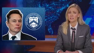 Desi Lydic sits near an Elon Musk graphic on "The Daily Show."
