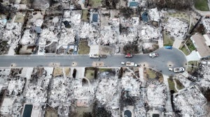 An aerial view of homes which burned in the Eaton Fire on Jan. 25 in Altadena (Credit: Mario Tama/Getty Images)