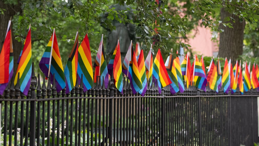 Pride flags photographed outside the Stonewall National Monument Visitor Center during the 2024 NYC Pride March on June 30, 2024.