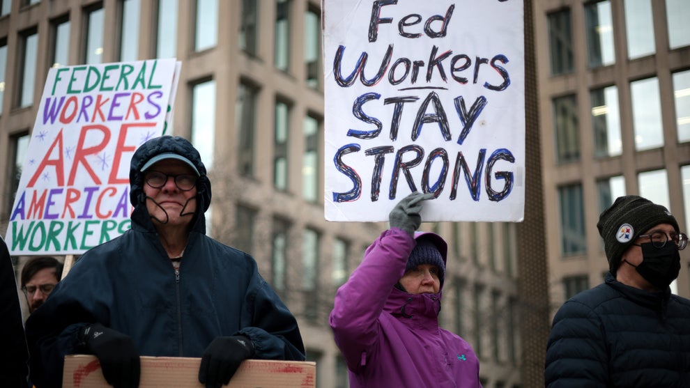 Protesters rally outside of the Theodore Roosevelt Federal Building headquarters of the U.S. Office of Personnel Management on February 05, 2025 in Washington, DC. (Credit: Alex Wong/Getty Images)