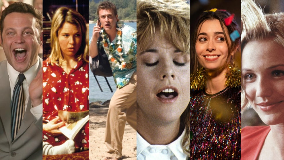 From left to right: “Wedding Crashers” (New Line Cinema), “Bridget Jones’s Diary” (Miramax Films), “Forgetting Sarah Marshall” (Universal Pictures), “When Harry Met Sally…” (Columbia Pictures, “Palm Springs” (Neon/Hulu), and “There’s Something About Mary” (20th Century Fox)