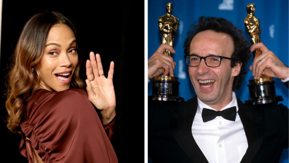 Zoe Saldaña in 2025 and Roberto Benigni in 1999 (Getty Images)
