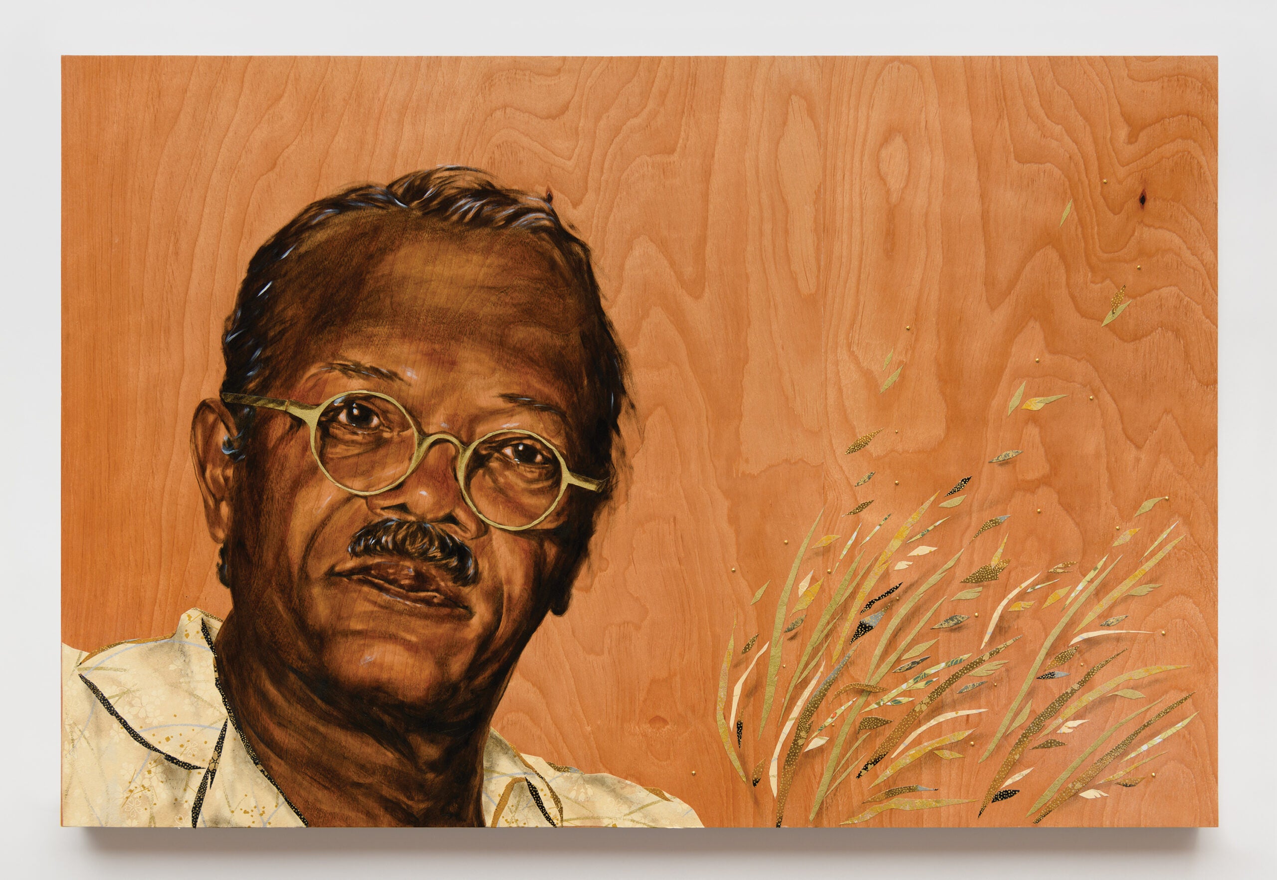 Samuel L. Jackson “Doaker” (2024) oil paint, washi paper on wood panel