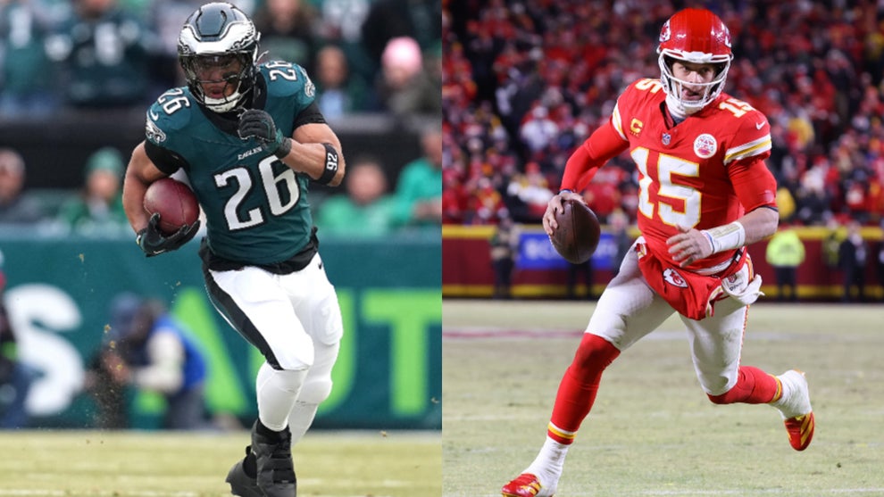 Saquon Barkley of the Philadelphia Eagles and Patrick Mahomes of the Kansas City Chiefs