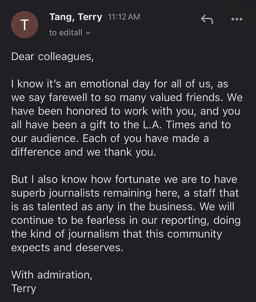 Terry Tang's email to staff after buyouts at LA Times