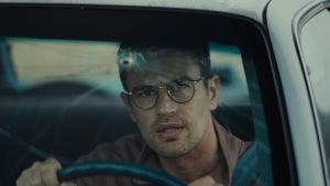 Theo James looks through a broken windshield in "The Monkey" (Credit: Neon)