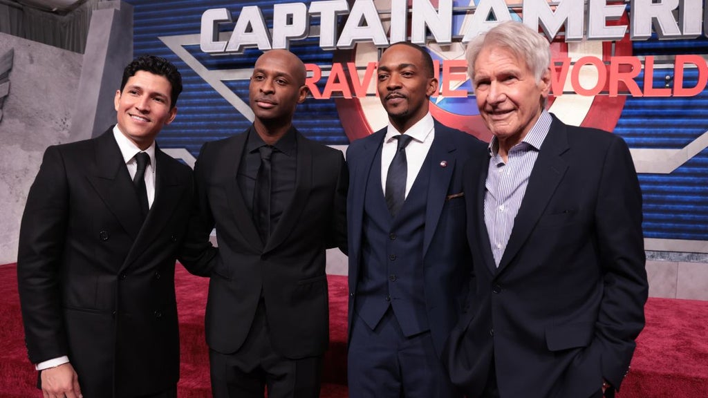 Danny Ramirez, Julius Onah, Anthony Mackie and Harrison Ford attend the World Premiere for Marvel Studios' Captain America: Brave New World at the TCL Chinese Theatre in Hollywood, CA on Tuesday, February 11, 2025 (photo: Alex J. Berliner/ABImages)