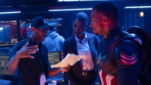Director Julius Onah, Xosha Roquemore, and Anthony Mackie behind the scenes of Marvel Studios' CAPTAIN AMERICA: BRAVE NEW WORLD. Photo by Eli Adé. © 2024 MARVEL.