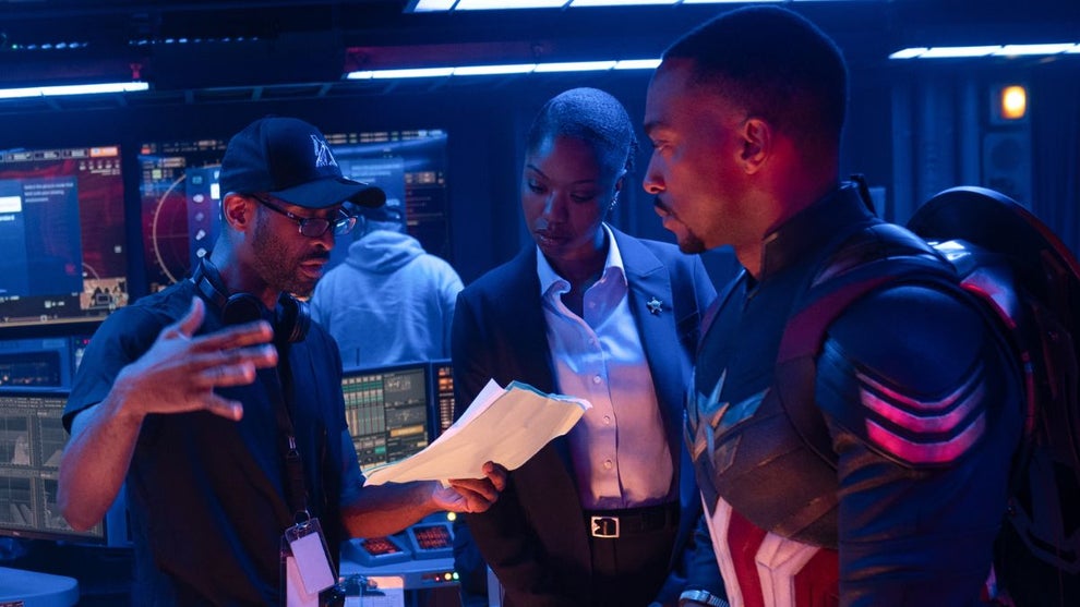 Director Julius Onah, Xosha Roquemore, and Anthony Mackie behind the scenes of Marvel Studios' CAPTAIN AMERICA: BRAVE NEW WORLD. Photo by Eli Adé. © 2024 MARVEL.