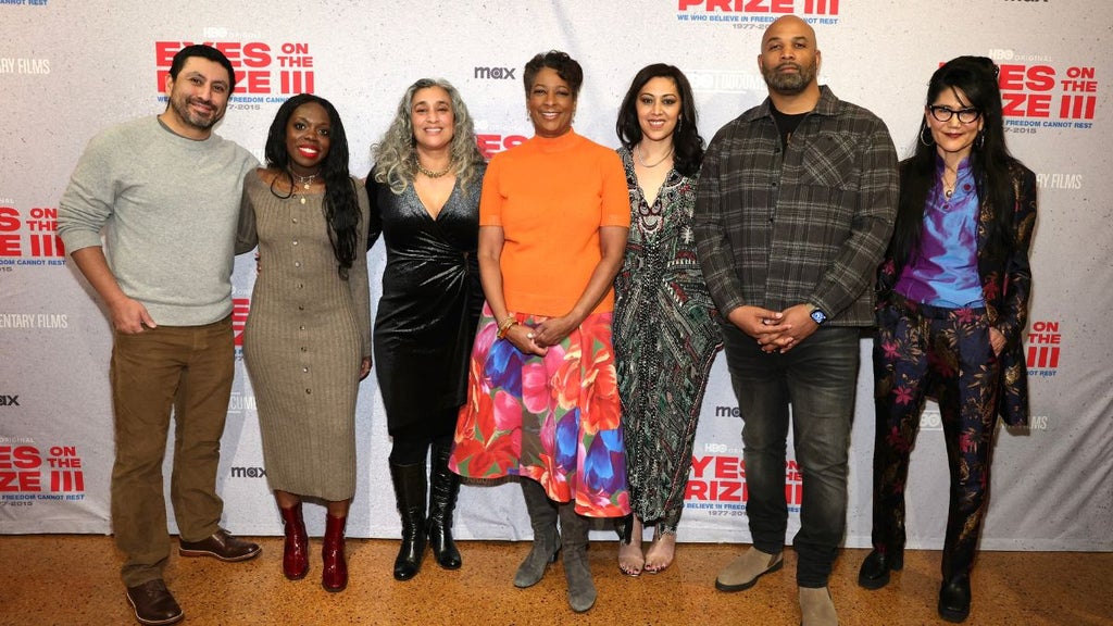 (L-R) Rudy Valdez, Samantha Knowles, Geeta Gandbhir, Dawn Porter, Smriri Mundhra, Muta'Ali and Leslie Asako Gladsjo attend the special screening for "Eyes on the Prize III" at Schomburg Center for Research in Black Culture on February 24, 2025 in New York City. (Photo by Arturo Holmes/Getty Images)