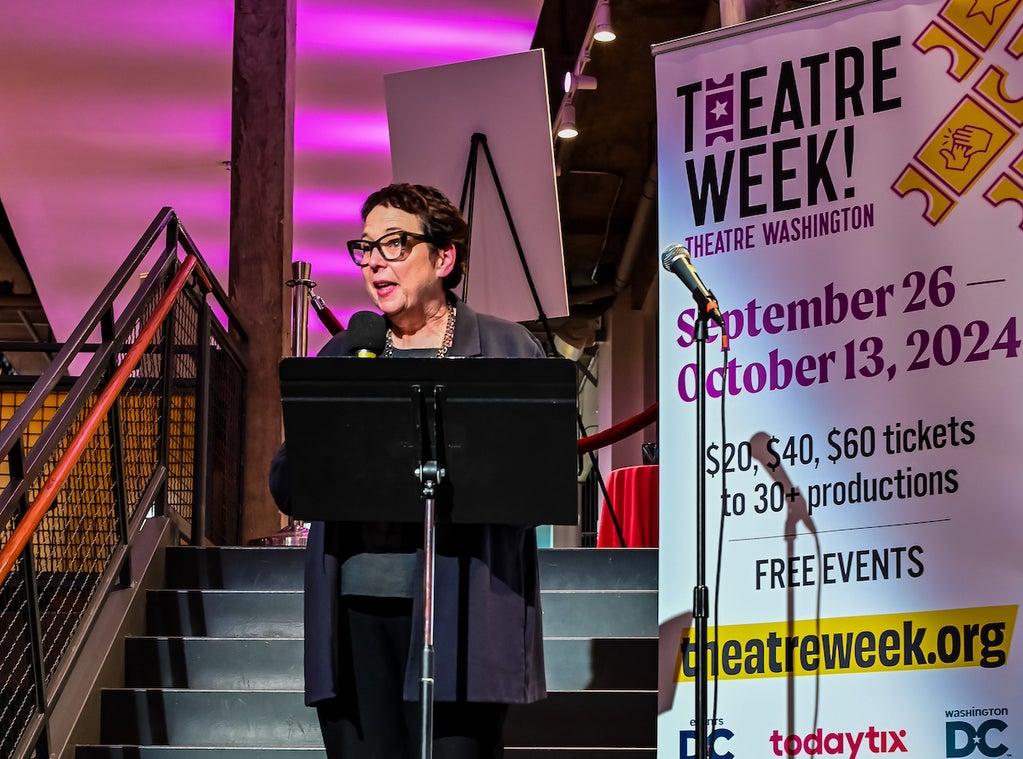 Amy Austin speaking at the 2024 September Theatre Week Launch Event at Woolly Mammoth Theatre in Washington DC (Credit: Alan Kayanan)