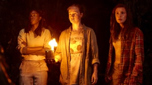 Nia Sondaya as Teen Akilah, Liv Hewson as Teen Van and Sophie Nélisse as Teen Shauna in Yellowjackets
