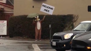 A fan dressed as Wile E. Coyote protesting today outside the Warner Bros lot to release ‘Coyote V. Acme’
