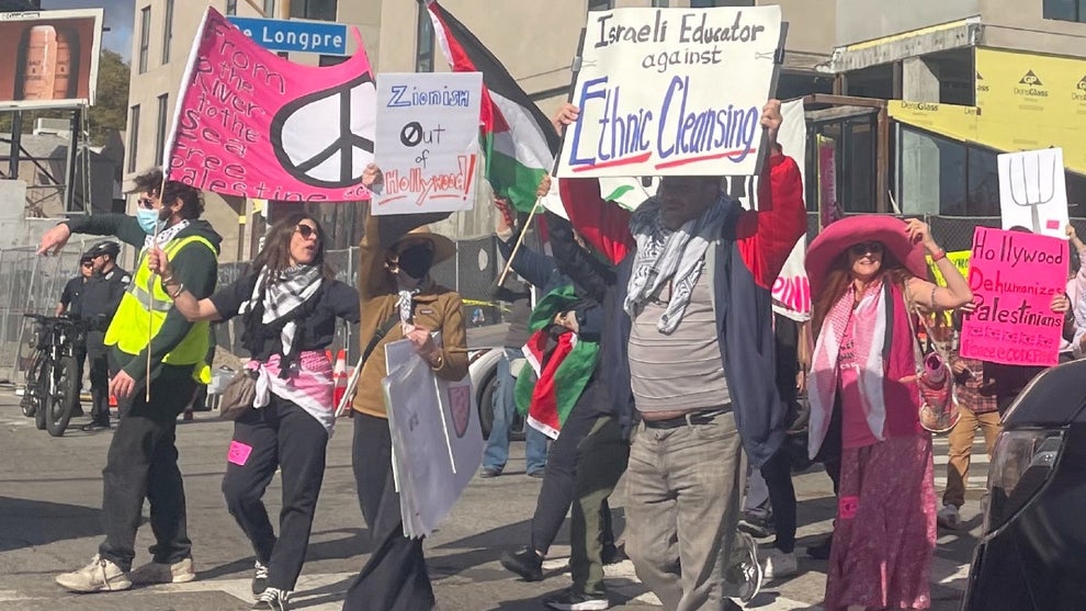 Pro-Palestinian Protesters near the Dolby Theater Block traffic ahead of the Oscars