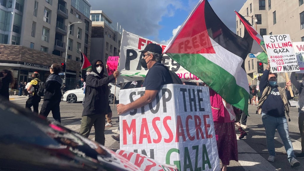 Pro-Palestinian protest block traffic near Dolby Theater ahead of the Oscars