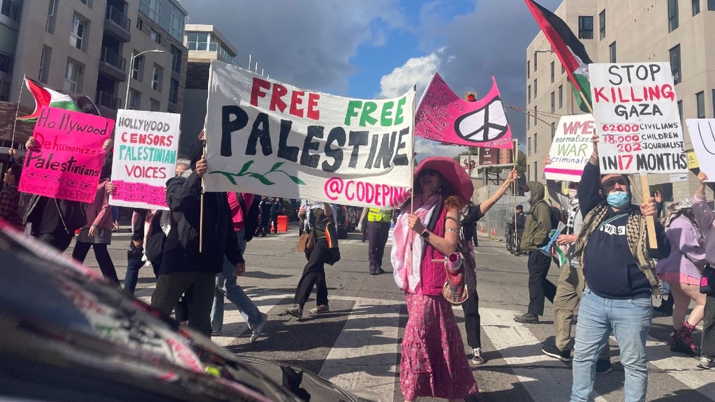 Pro-Palestinian protest blocking traffic near Dolby Theater ahead of the Oscars