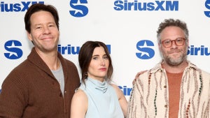 Ike Barinholtz, Kathryn Hahn, Seth Rogen attend SiriusXM's Town Hall with the cast of "The Studio" hosted by Andy Cohen at SiriusXM Studios on March 26, 2025 in New York City. (Credit: Cindy Ord/Getty Images for SiriusXM)