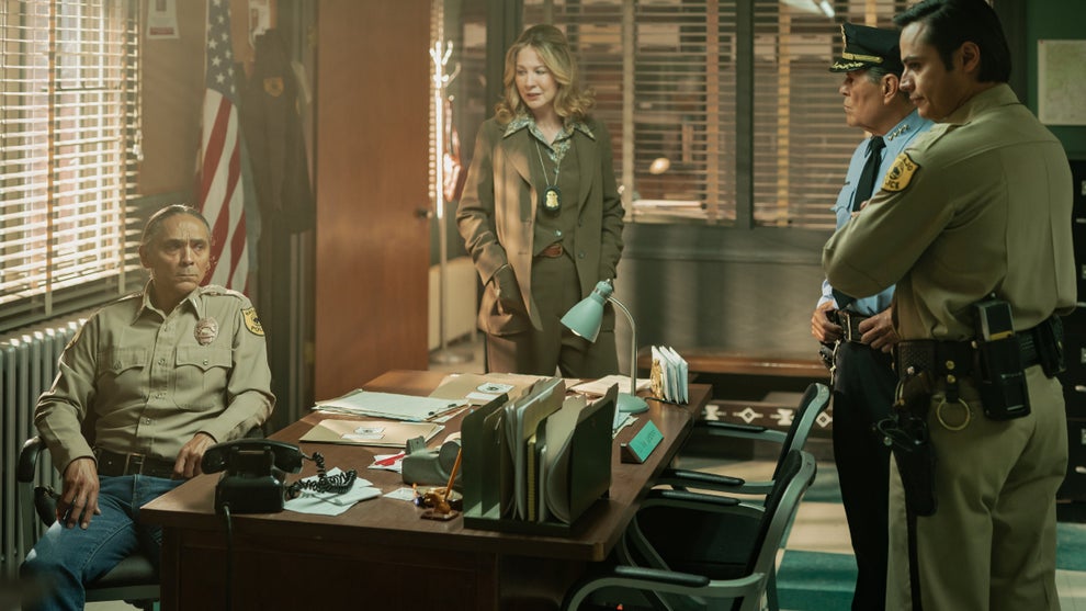 Zahn McClarnon, Jenna Elfman and Kiowa Gordon in "Dark Winds" Season 3.