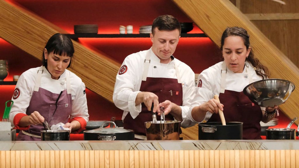 "Top Chef" Season 22: (L-R) Kat Turner, Vincenzo Loseto, Paula Endara (Photo by: David Moir/Bravo)