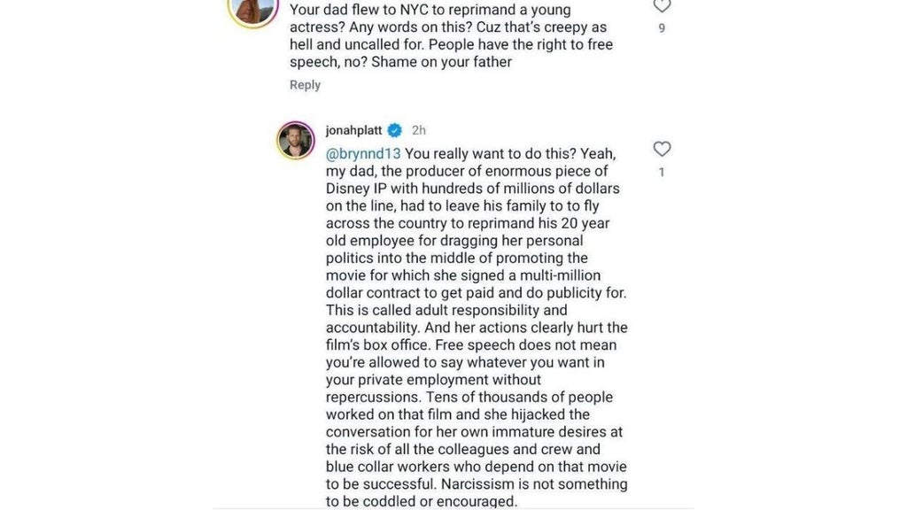 Jonah Platt's since-deleted comment under his Instagram post. (@beingjewishpodcast
and @jonahplatt)
