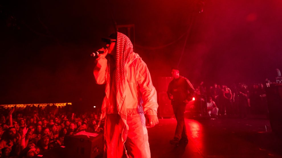 Members of Kneecap perform on Day 1 of Coachella 2025