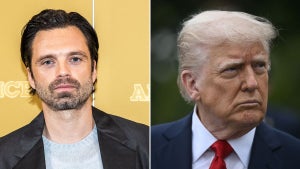 Left: Sebastian Stan (Credit: Emil Nicolai Helms/Ritzau Scanpix/AFP via Getty Images), Right: Donald Trump (Credit: Brendan Smialowski/AFP via Getty Images)