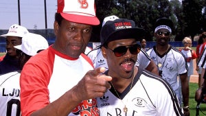 Sidney Poitier and Eddie Murphy during a charity softball game. (Credit: Jeff Kravitz/FilmMagic, Inc)