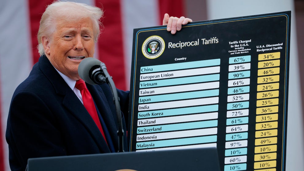 WASHINGTON, DC - APRIL 02: U.S. President Donald Trump holds up a chart of "reciprocal tariffs" while speaking during a “Make America Wealthy Again” trade announcement event in the Rose Garden at the White House on April 2, 2025 in Washington, DC. Touting the event as “Liberation Day”, Trump is expected to announce additional tariffs targeting goods imported to the U.S. (Photo by Chip Somodevilla/Getty Images)