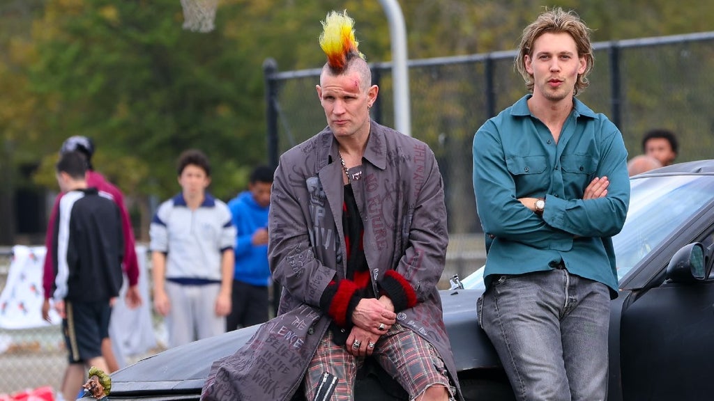 Matt Smith and Austin Butler are seen on the set of 'Caught Stealing' in Flushing Meadows Park, Queens on October 14, 2024 in New York City. (Photo by Jose Perez/Bauer-Griffin/GC Images)