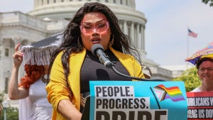 Drag performer Jiggly Caliente speaks during a press conference advocating for LGBTQ+ rights on Capitol Hill on June 25, 2024 in Washington, DC