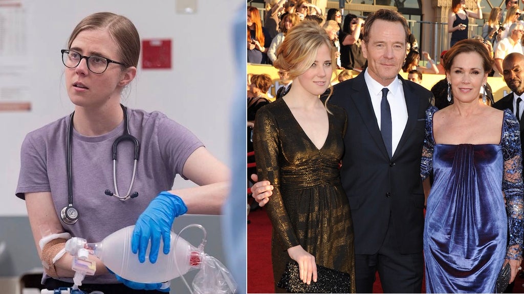 Taylor Dearden on "The Pitt," and with her parents Bryan Cranston and Robin Dearden in 2012