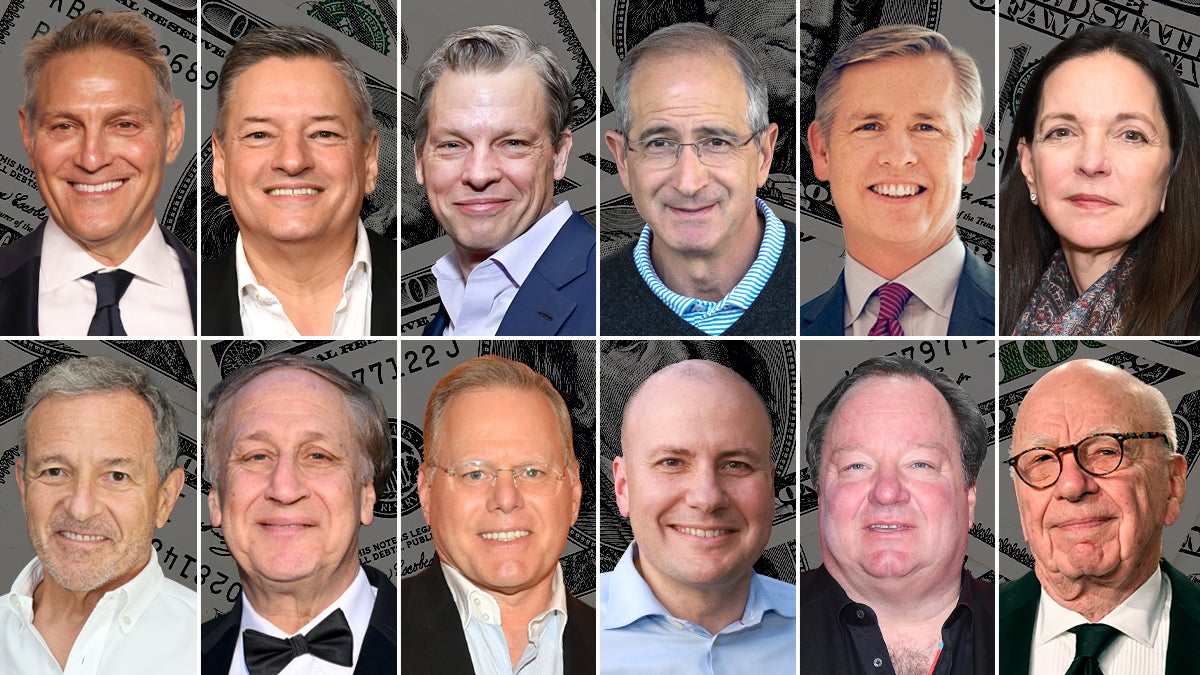 (From L to R) Ari Emanuel, Ted Sarandos, Greg Peters, Brian Roberts, Mike Cavanagh, Kristin Dolan, Bob Iger, Adam Aron, David Zaslav, JB Perrette, Bob Bakish and Rupert Murdoch (Christopher Smith for TheWrap)