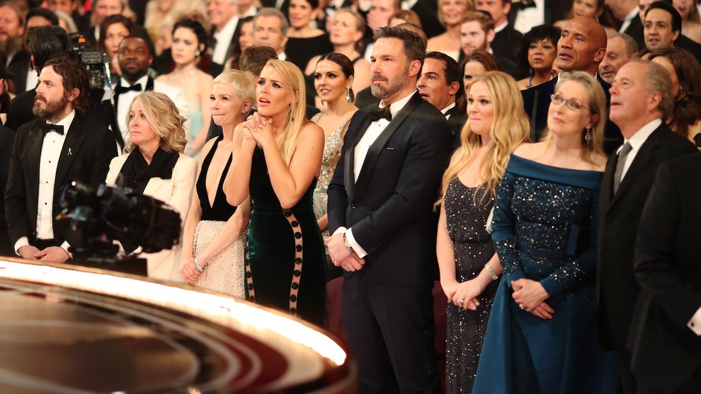 Michelle Williams, Busy Phillipps and Ben Affleck in shock after Best Picture snafu at the 2017 Academy Awards (Credit: Getty Images)