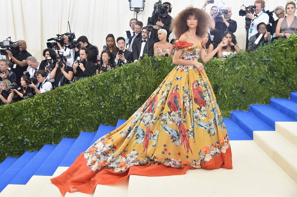 Zendaya walks the Met Gala steps in a dramatic yellow ballgown adorned with vivid red macaws and tropical floral prints. Her voluminous, natural curls and bold red lip complete the striking tropical-inspired look.