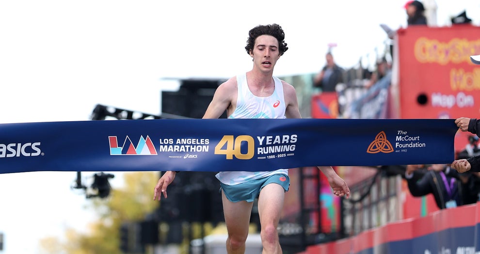 MARCH 16: Matt Richtman of the United States crosses the finish line and wins the 2025 Los Angeles Marathon at Westfield Century City on March 16, 2025 in Los Angeles, California. (Credit: Luke Hales/Getty Images)