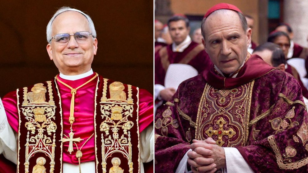 Left: The newly elected Pope Leo XIV (Credit: Alberto Pizzoli/AFP via Getty Images), Right: Ralph Fiennes in “Conclave” (Credit: Focus Features)