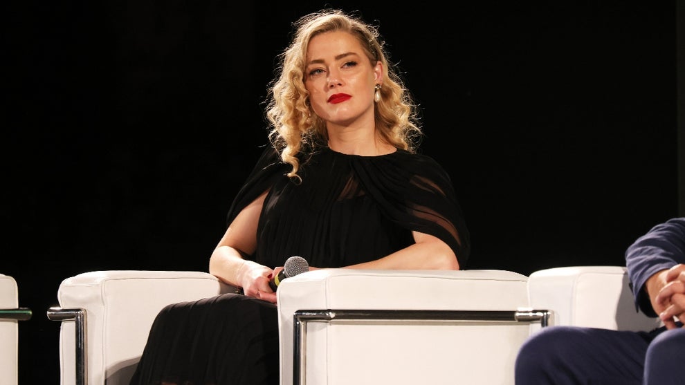 Amber Heard speaks on the stage during the 69th Taormina Film Festival on June 24, 2023 in Taormina, Italy