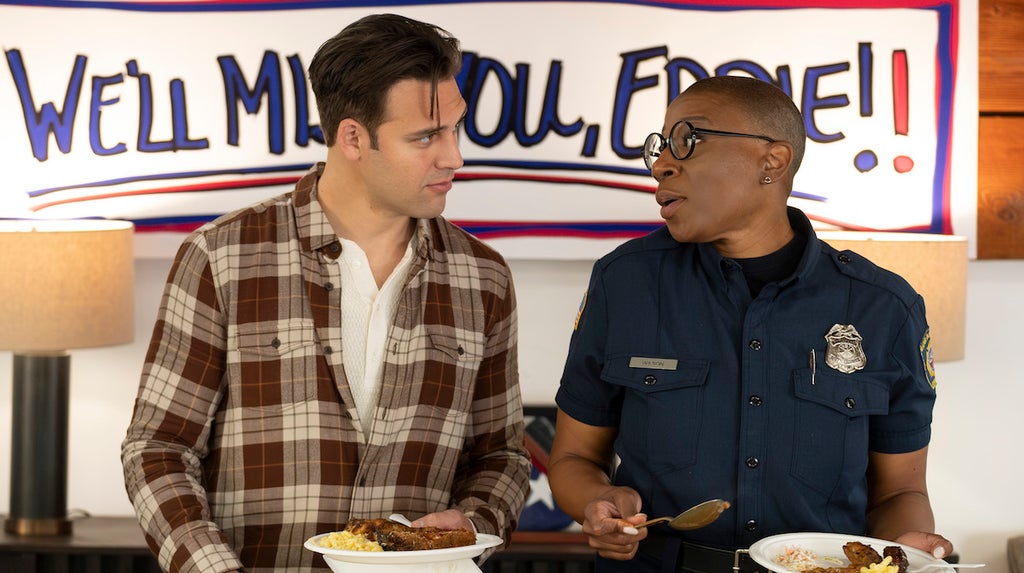 Eddie (Ryan Guzman, with Aisha Hinds, right), prepares to return to El Paso in the Season 8 finale of "9-1-1"